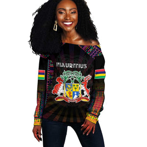 Personalized Mauritius Roots Off Shoulder Sweater African Pride in Fingerprint and Tribal Colors
