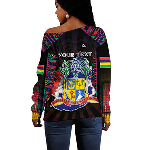 Personalized Mauritius Roots Off Shoulder Sweater African Pride in Fingerprint and Tribal Colors