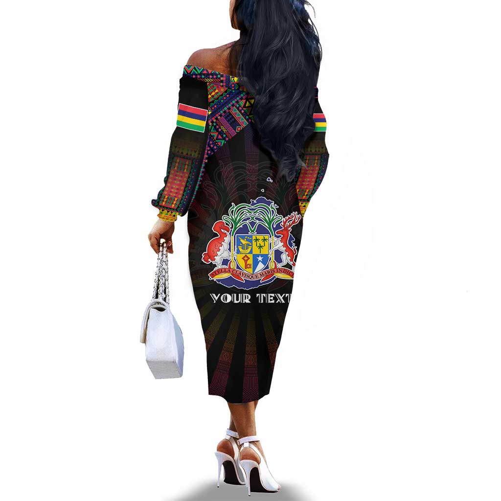 Personalized Mauritius Roots Off The Shoulder Long Sleeve Dress African Pride in Fingerprint and Tribal Colors