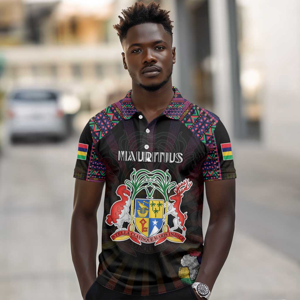 Personalized Mauritius Roots Polo Shirt African Pride in Fingerprint and Tribal Colors