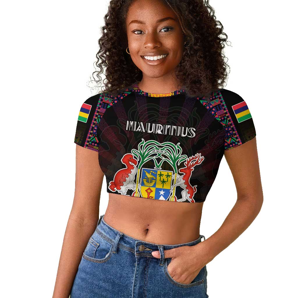 Personalized Mauritius Roots Raglan Cropped T shirt African Pride in Fingerprint and Tribal Colors