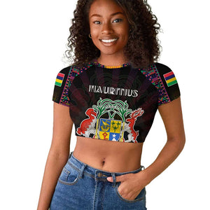 Personalized Mauritius Roots Raglan Cropped T shirt African Pride in Fingerprint and Tribal Colors