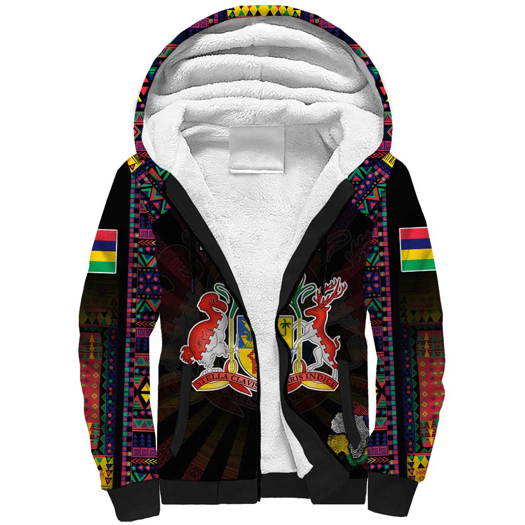 Personalized Mauritius Roots Sherpa Hoodie African Pride in Fingerprint and Tribal Colors