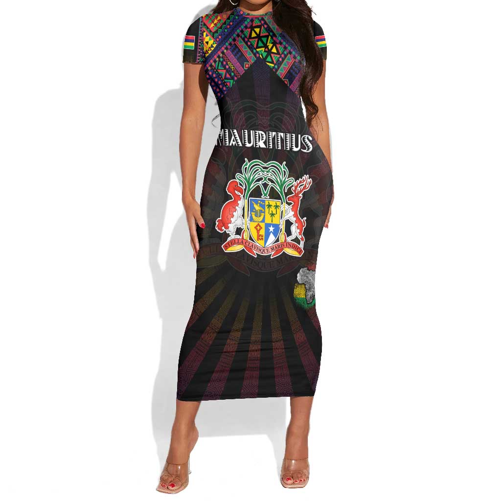 Personalized Mauritius Roots Short Sleeve Bodycon Dress African Pride in Fingerprint and Tribal Colors