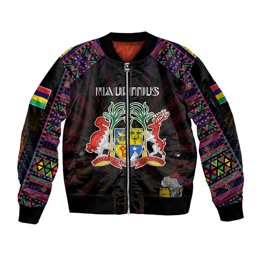 Personalized Mauritius Roots Sleeve Zip Bomber Jacket African Pride in Fingerprint and Tribal Colors