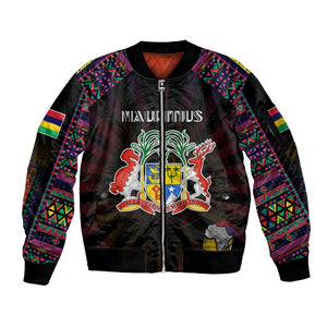 Personalized Mauritius Roots Sleeve Zip Bomber Jacket African Pride in Fingerprint and Tribal Colors