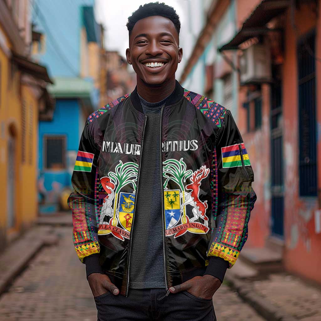 Personalized Mauritius Roots Sleeve Zip Bomber Jacket African Pride in Fingerprint and Tribal Colors