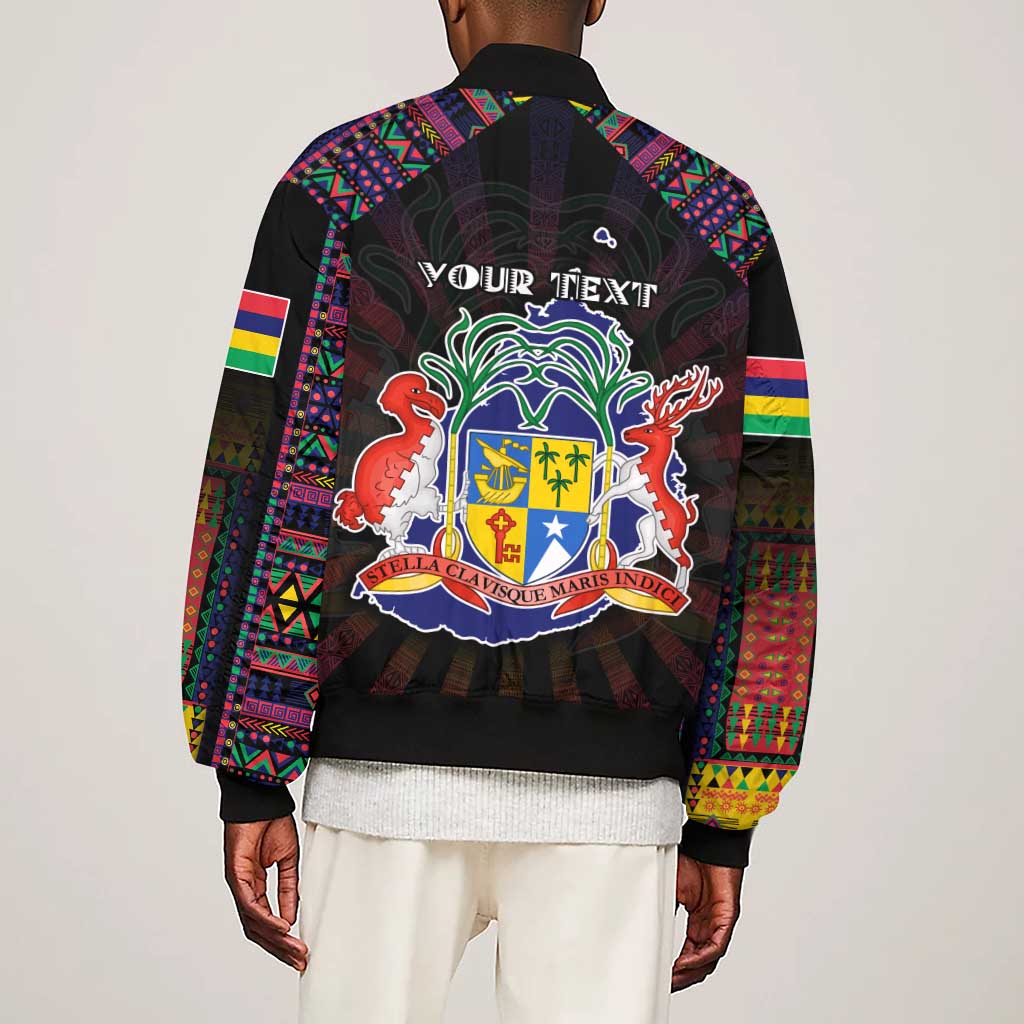 Personalized Mauritius Roots Sleeve Zip Bomber Jacket African Pride in Fingerprint and Tribal Colors