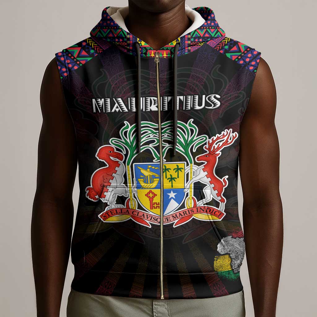 Personalized Mauritius Roots Sleeveless Zip Hoodie African Pride in Fingerprint and Tribal Colors - African Pride