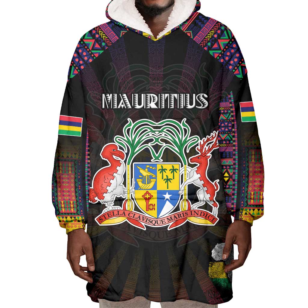 Personalized Mauritius Roots Wearable Blanket Hoodie African Pride in Fingerprint and Tribal Colors