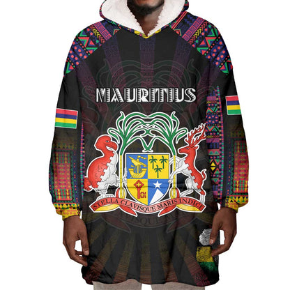 Personalized Mauritius Roots Wearable Blanket Hoodie African Pride in Fingerprint and Tribal Colors