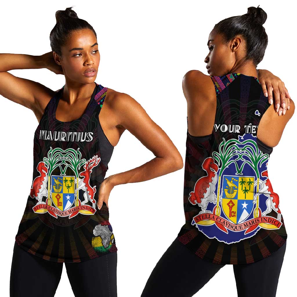 Personalized Mauritius Roots Women Racerback Tank African Pride in Fingerprint and Tribal Colors