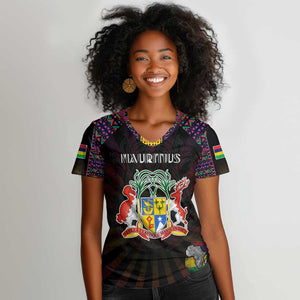 Personalized Mauritius Roots Women V-Neck T-Shirt African Pride in Fingerprint and Tribal Colors