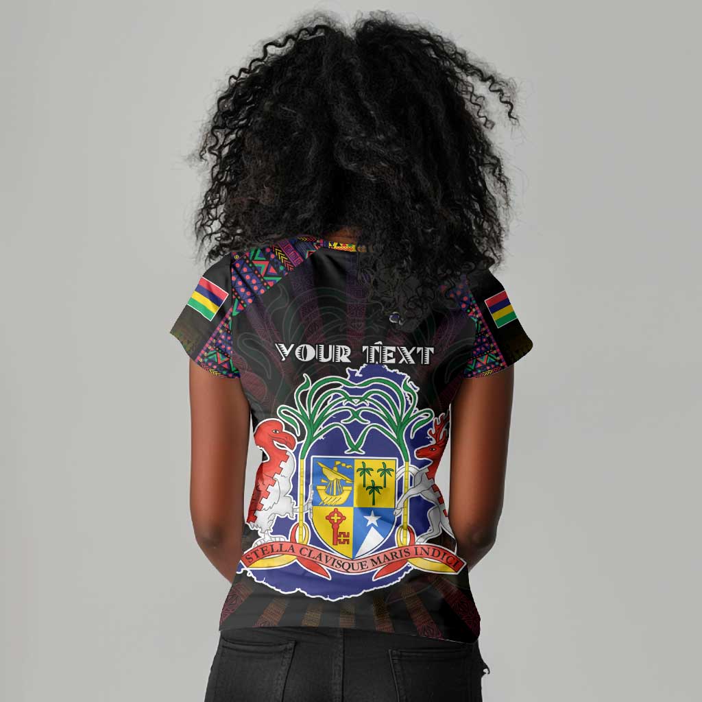 Personalized Mauritius Roots Women V-Neck T-Shirt African Pride in Fingerprint and Tribal Colors