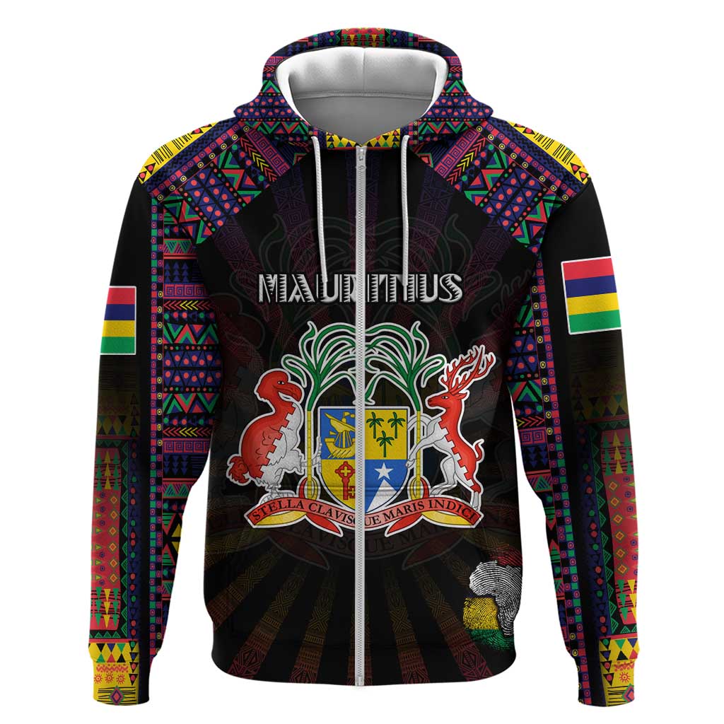 Personalized Mauritius Roots Zip Hoodie African Pride in Fingerprint and Tribal Colors