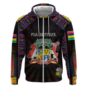Personalized Mauritius Roots Zip Hoodie African Pride in Fingerprint and Tribal Colors