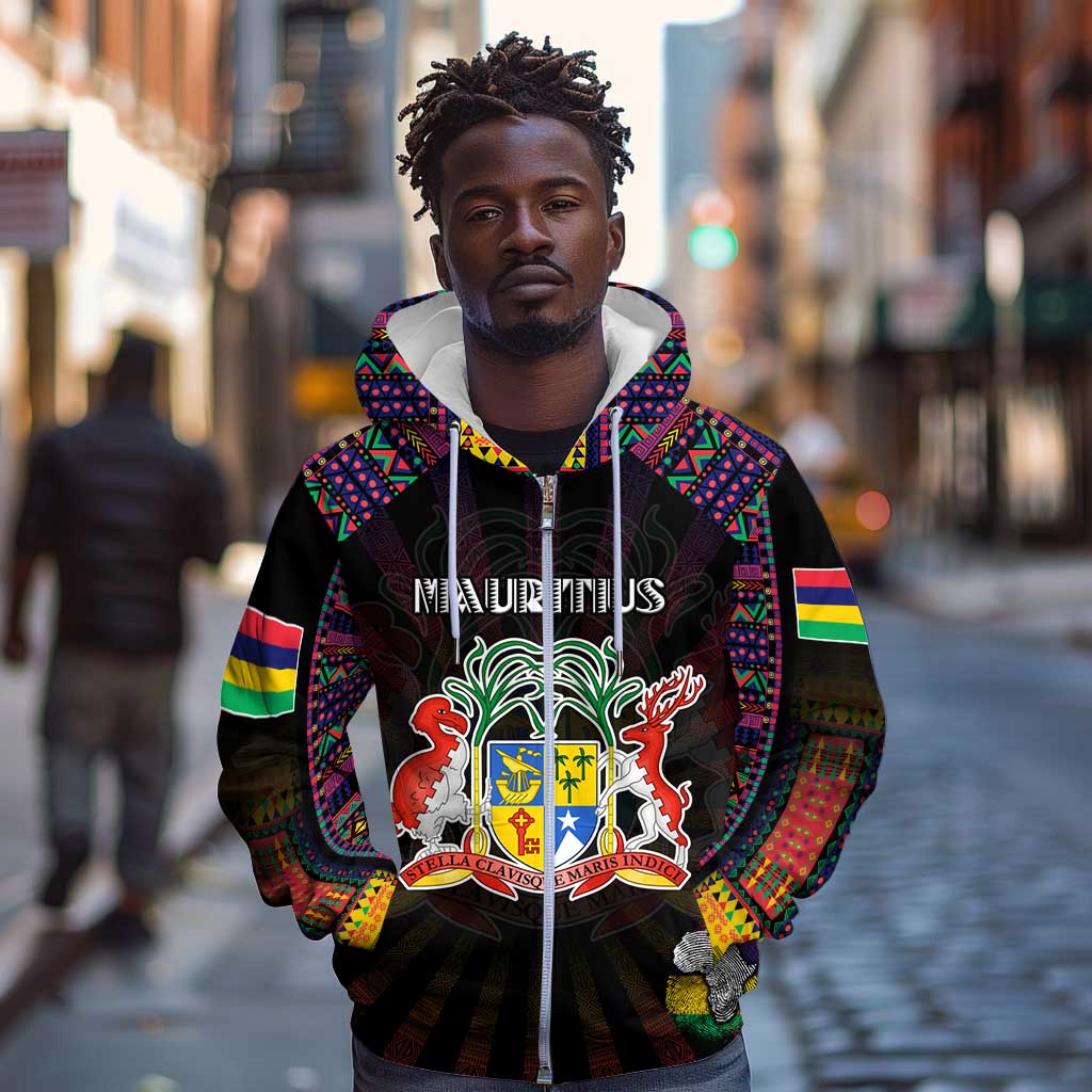 Personalized Mauritius Roots Zip Hoodie African Pride in Fingerprint and Tribal Colors