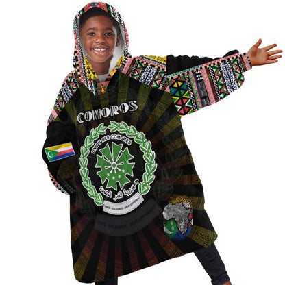 Personalized Comoros Roots Kid Wearable Blanket Hoodie African Pride in Fingerprint and Tribal Colors