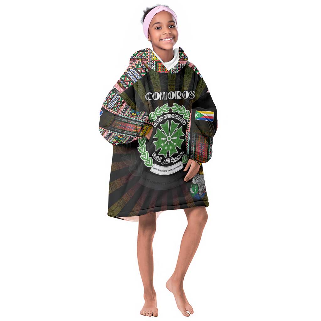 Personalized Comoros Roots Kid Wearable Blanket Hoodie African Pride in Fingerprint and Tribal Colors