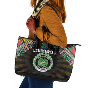 Comoros Roots Leather Tote Bag African Pride in Fingerprint and Tribal Colors
