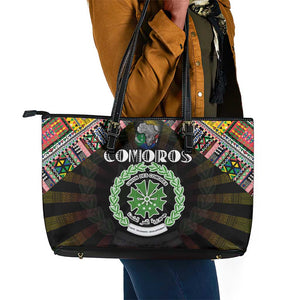 Comoros Roots Leather Tote Bag African Pride in Fingerprint and Tribal Colors