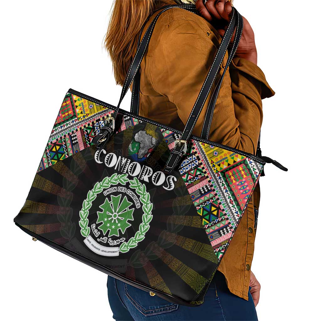 Comoros Roots Leather Tote Bag African Pride in Fingerprint and Tribal Colors
