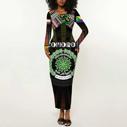 Personalized Comoros Roots Long Sleeve Bodycon Dress African Pride in Fingerprint and Tribal Colors