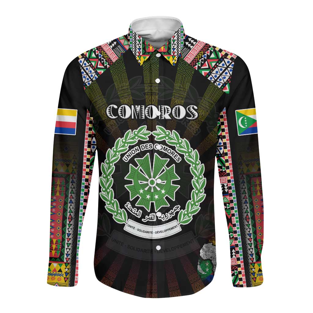 Personalized Comoros Roots Long Sleeve Button Shirt African Pride in Fingerprint and Tribal Colors
