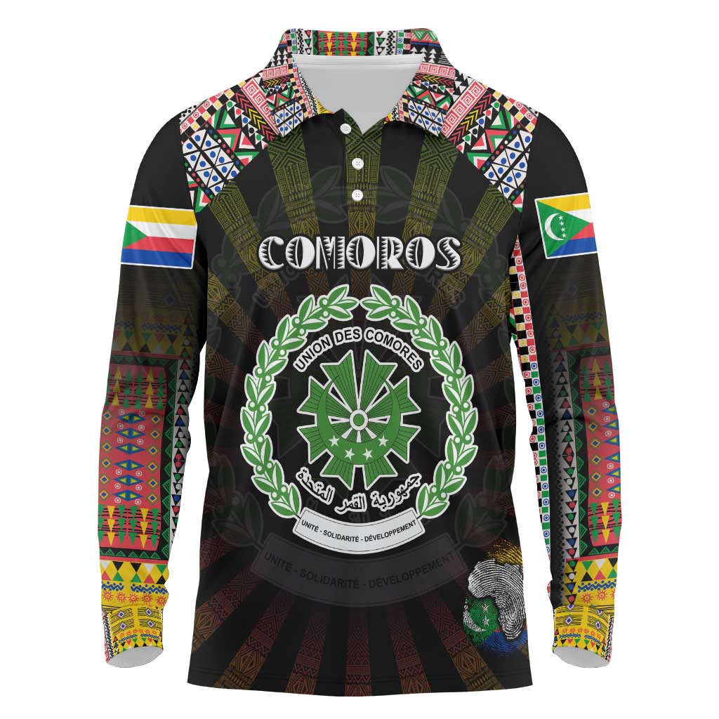 Personalized Comoros Roots Long Sleeve Polo Shirt African Pride in Fingerprint and Tribal Colors