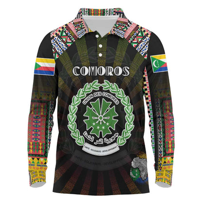 Personalized Comoros Roots Long Sleeve Polo Shirt African Pride in Fingerprint and Tribal Colors