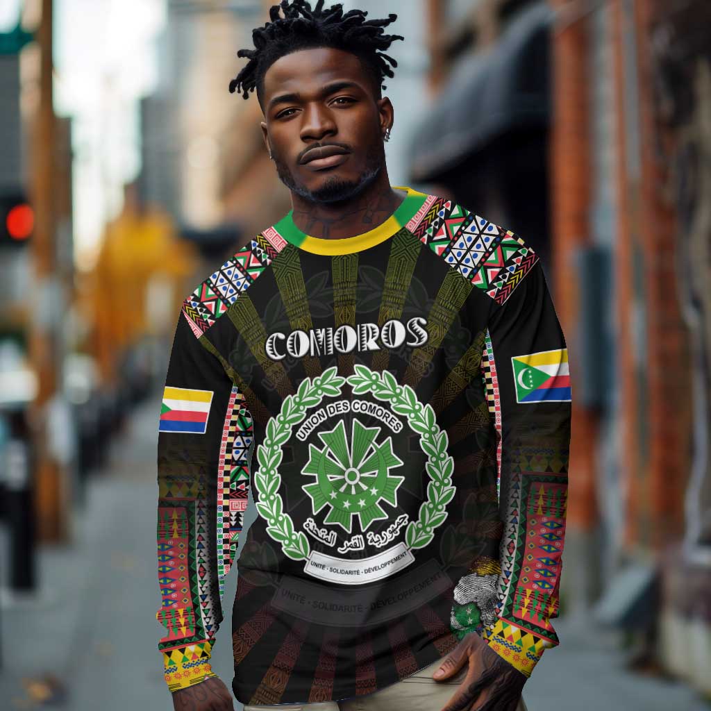 Personalized Comoros Roots Long Sleeve Shirt African Pride in Fingerprint and Tribal Colors
