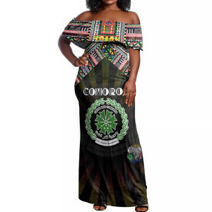 Personalized Comoros Roots Off Shoulder Maxi Dress African Pride in Fingerprint and Tribal Colors