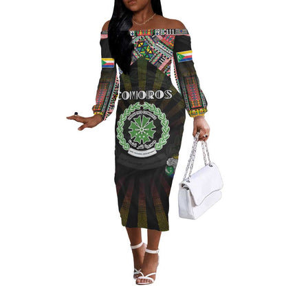 Personalized Comoros Roots Off The Shoulder Long Sleeve Dress African Pride in Fingerprint and Tribal Colors