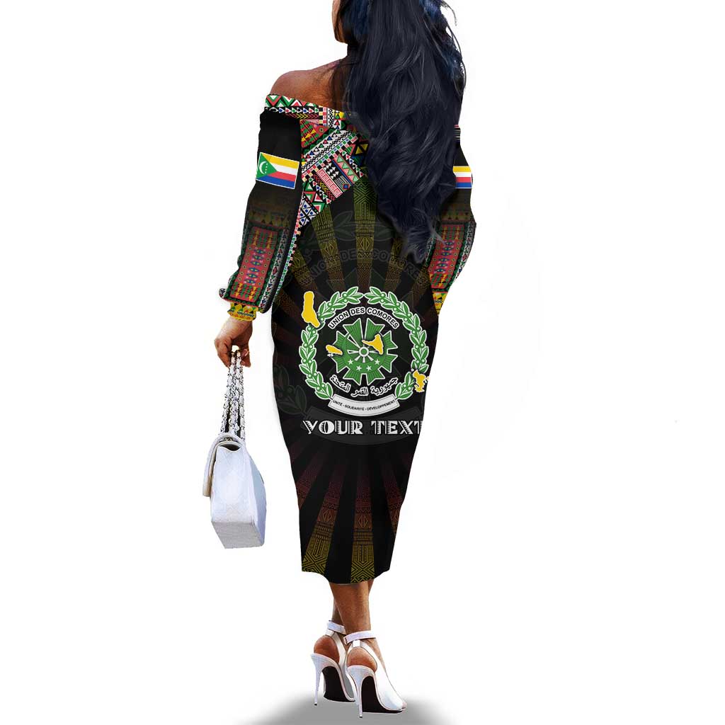 Personalized Comoros Roots Off The Shoulder Long Sleeve Dress African Pride in Fingerprint and Tribal Colors
