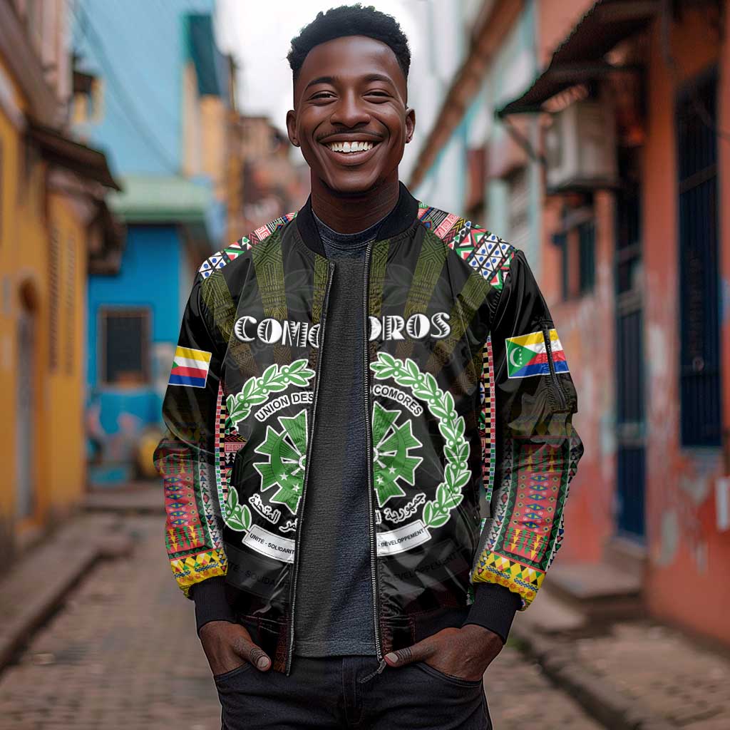 Personalized Comoros Roots Sleeve Zip Bomber Jacket African Pride in Fingerprint and Tribal Colors