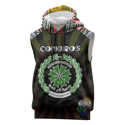 Personalized Comoros Roots Sleeveless Hoodie African Pride in Fingerprint and Tribal Colors - African Pride