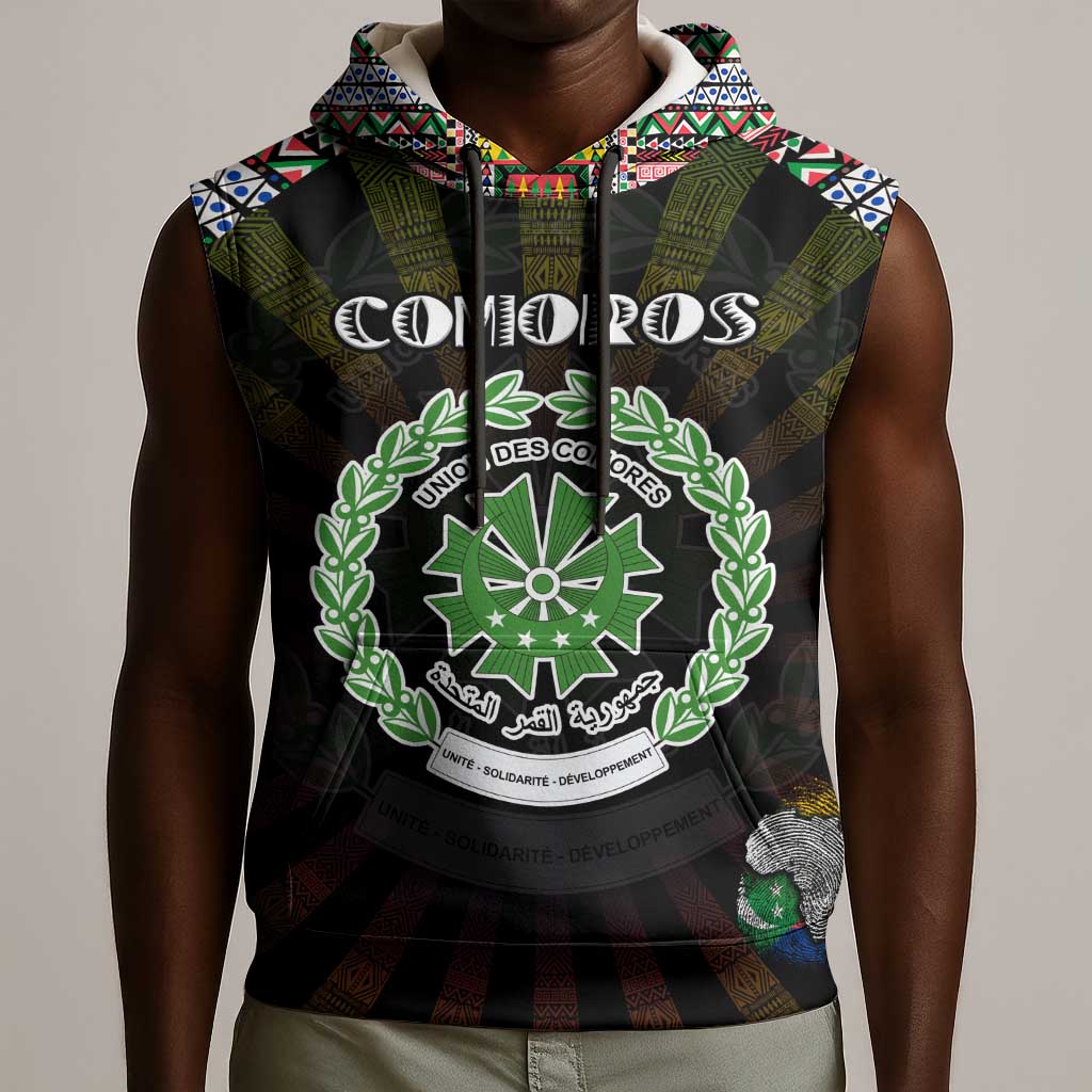 Personalized Comoros Roots Sleeveless Hoodie African Pride in Fingerprint and Tribal Colors - African Pride