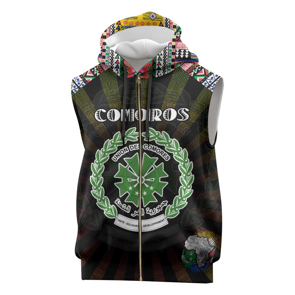 Personalized Comoros Roots Sleeveless Zip Hoodie African Pride in Fingerprint and Tribal Colors - African Pride