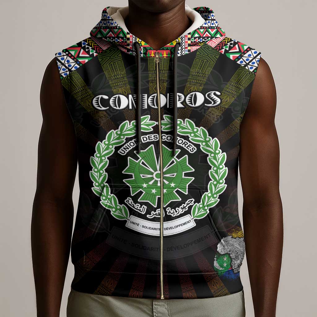 Personalized Comoros Roots Sleeveless Zip Hoodie African Pride in Fingerprint and Tribal Colors - African Pride