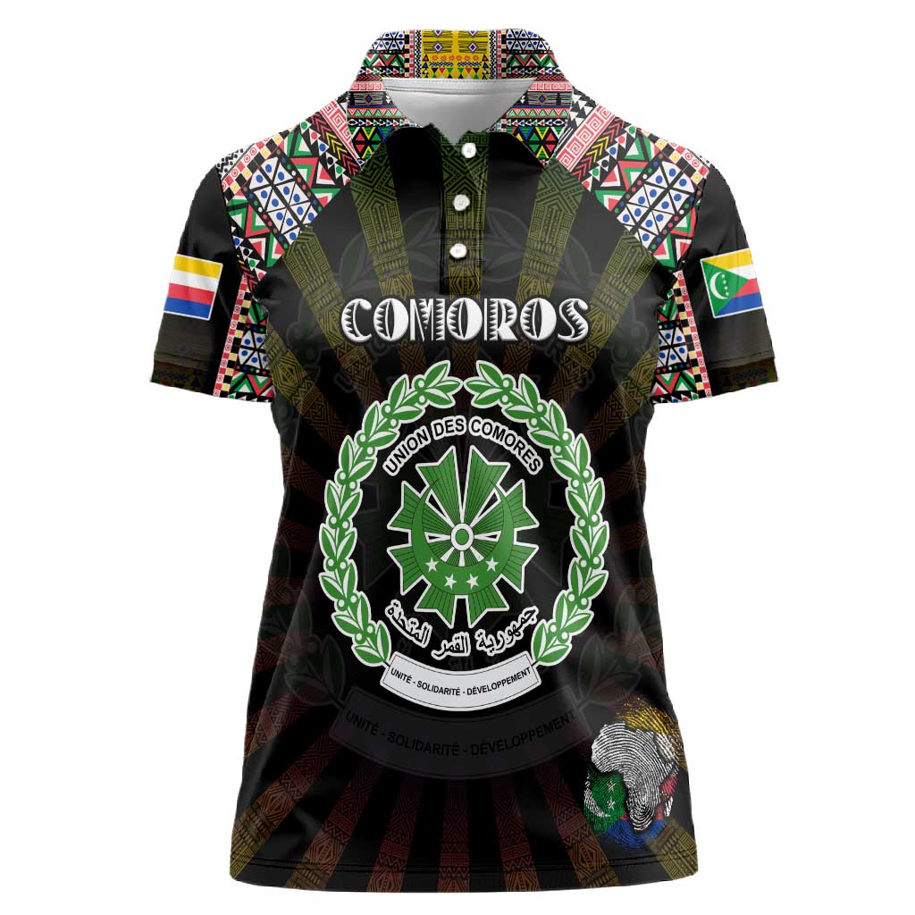 Personalized Comoros Roots Women Polo Shirt African Pride in Fingerprint and Tribal Colors