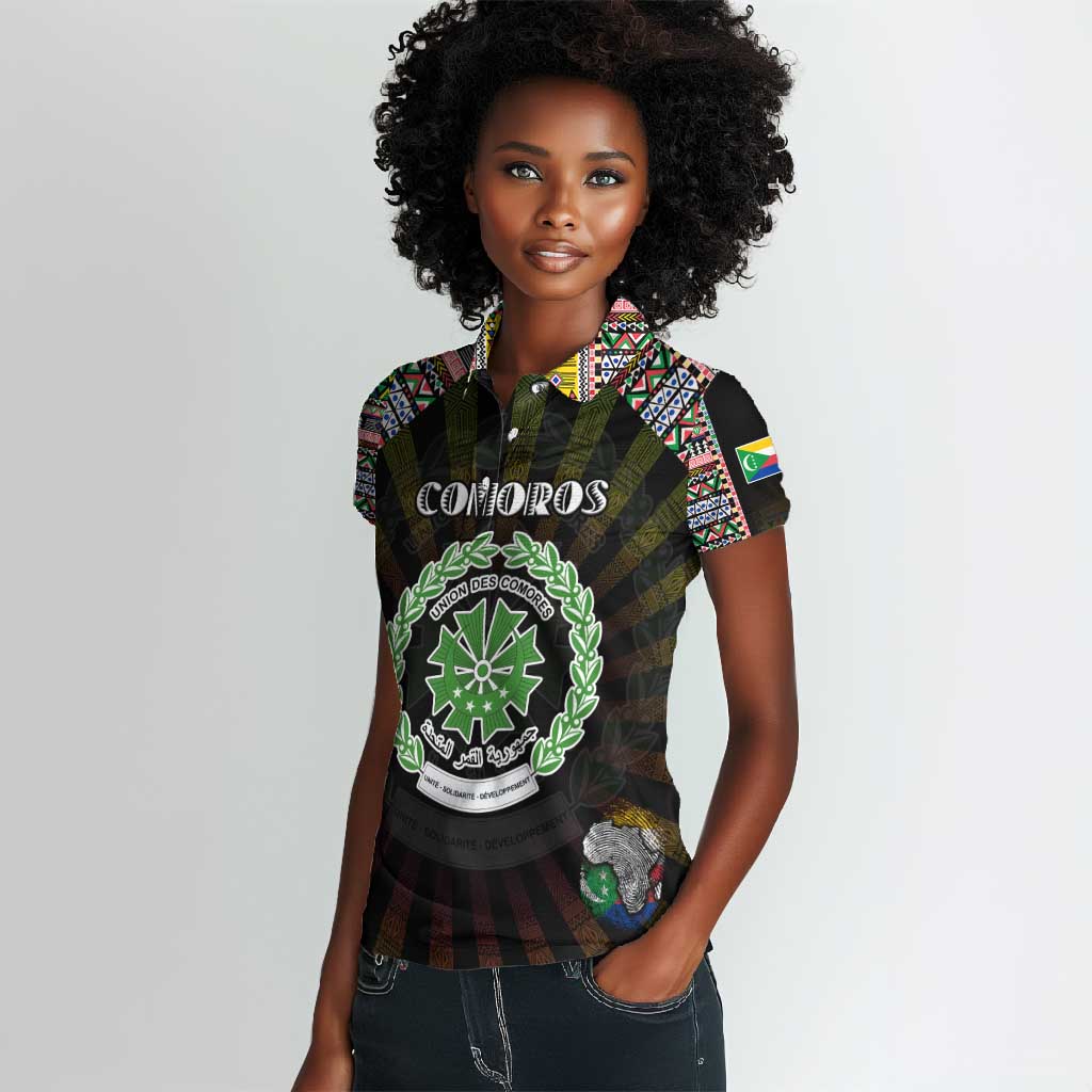 Personalized Comoros Roots Women Polo Shirt African Pride in Fingerprint and Tribal Colors