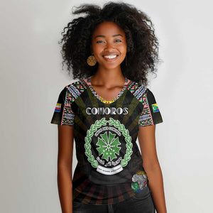 Personalized Comoros Roots Women V-Neck T-Shirt African Pride in Fingerprint and Tribal Colors