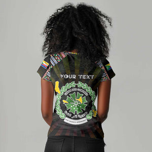 Personalized Comoros Roots Women V-Neck T-Shirt African Pride in Fingerprint and Tribal Colors