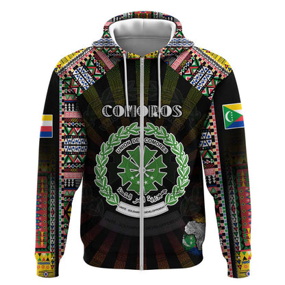 Personalized Comoros Roots Zip Hoodie African Pride in Fingerprint and Tribal Colors