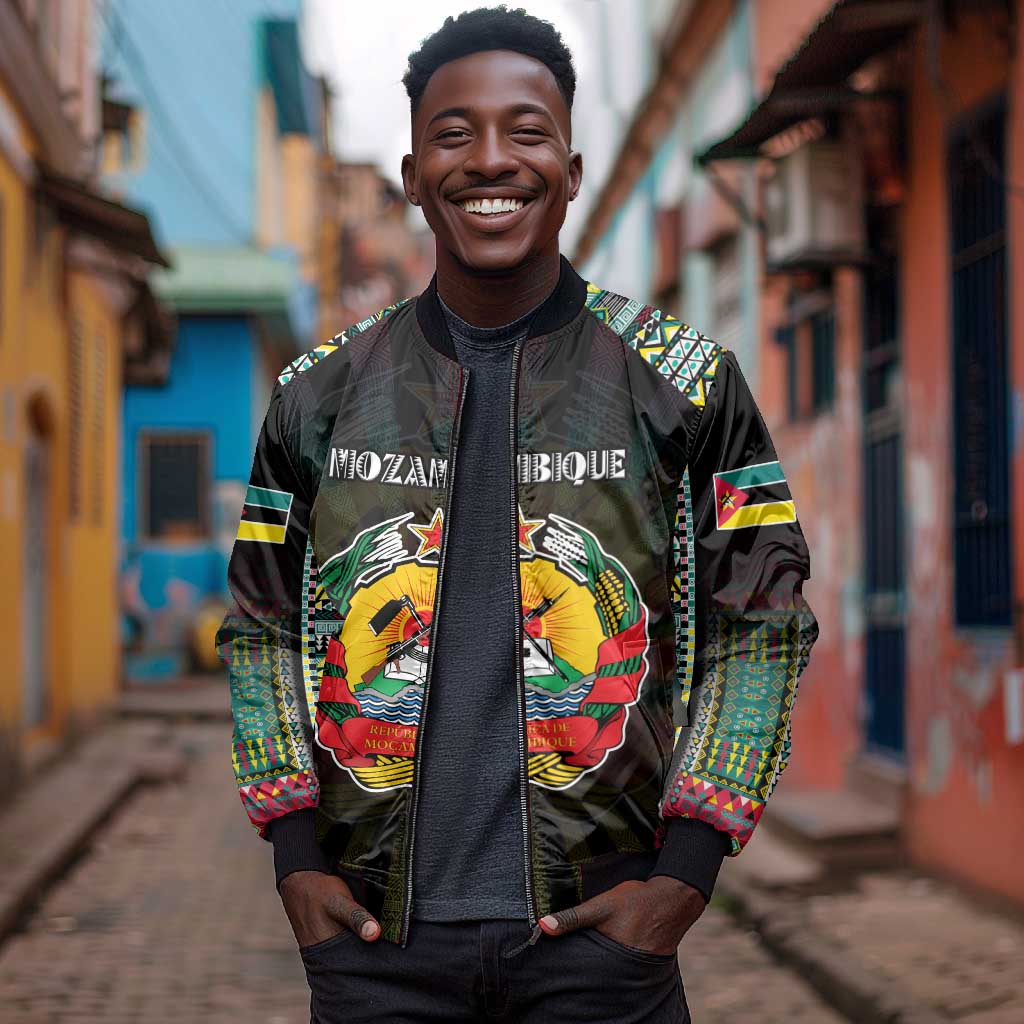 Personalized Mozambique Roots Bomber Jacket African Pride in Fingerprint and Tribal Colors
