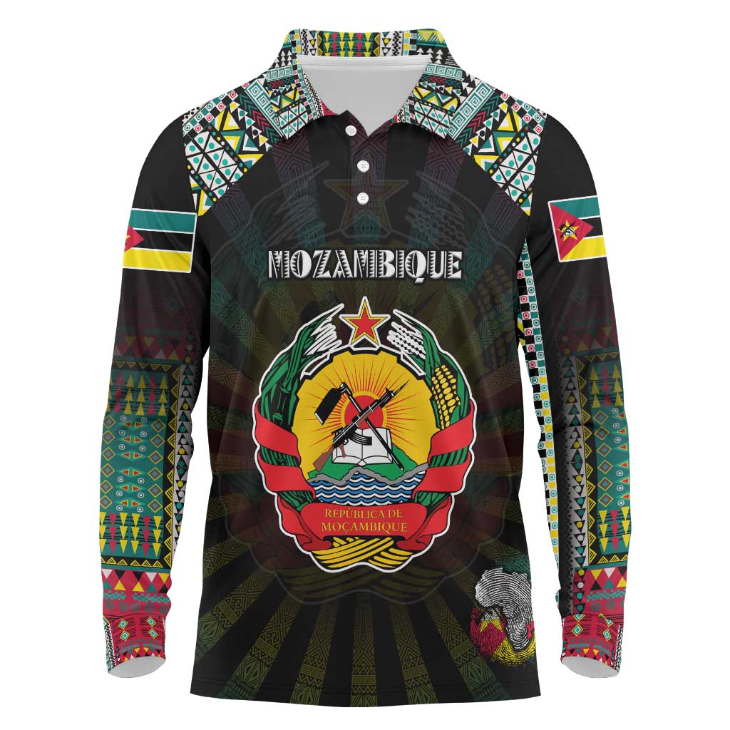 Personalized Mozambique Roots Long Sleeve Polo Shirt African Pride in Fingerprint and Tribal Colors