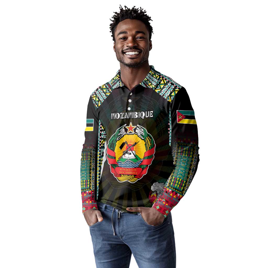 Personalized Mozambique Roots Long Sleeve Polo Shirt African Pride in Fingerprint and Tribal Colors
