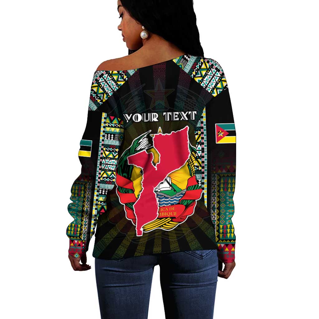 Personalized Mozambique Roots Off Shoulder Sweater African Pride in Fingerprint and Tribal Colors