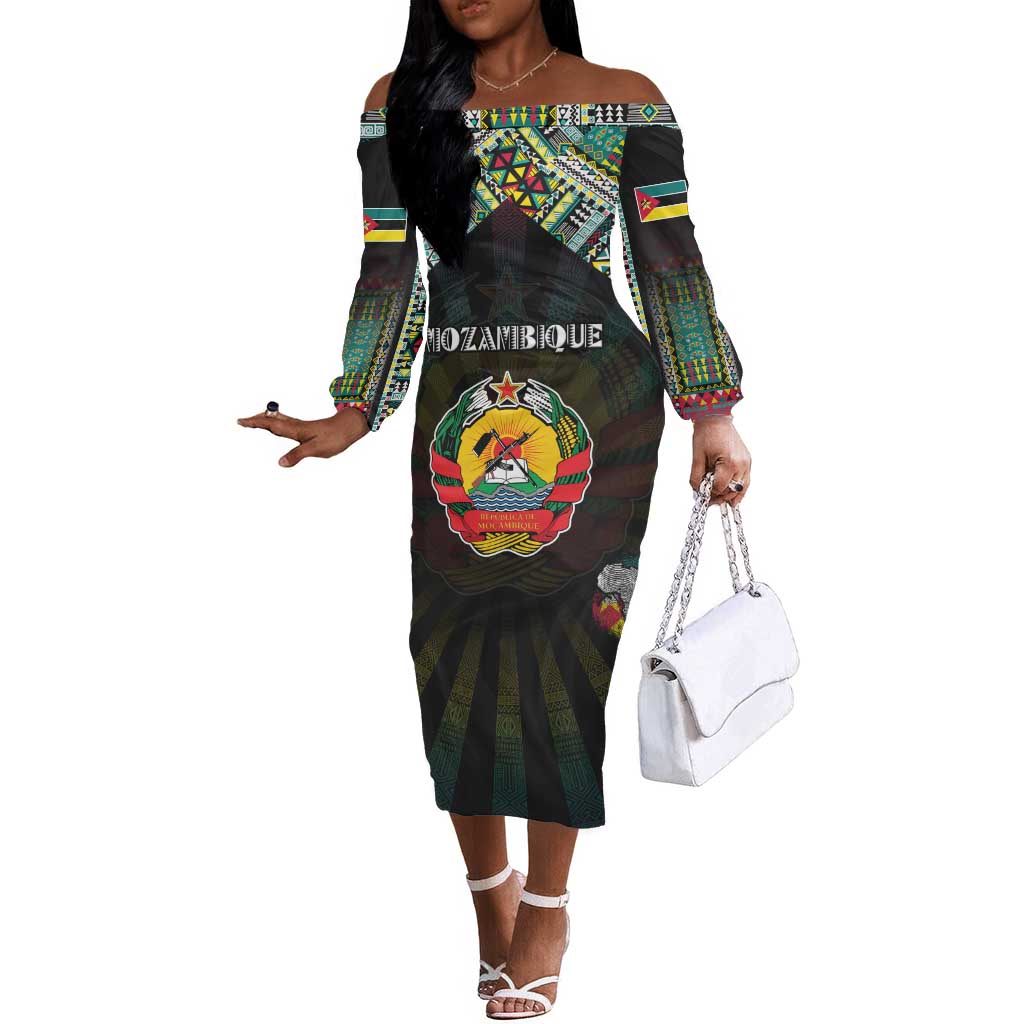 Personalized Mozambique Roots Off The Shoulder Long Sleeve Dress African Pride in Fingerprint and Tribal Colors