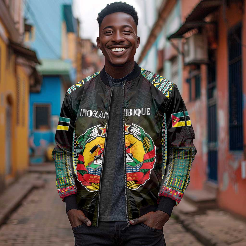 Personalized Mozambique Roots Sleeve Zip Bomber Jacket African Pride in Fingerprint and Tribal Colors